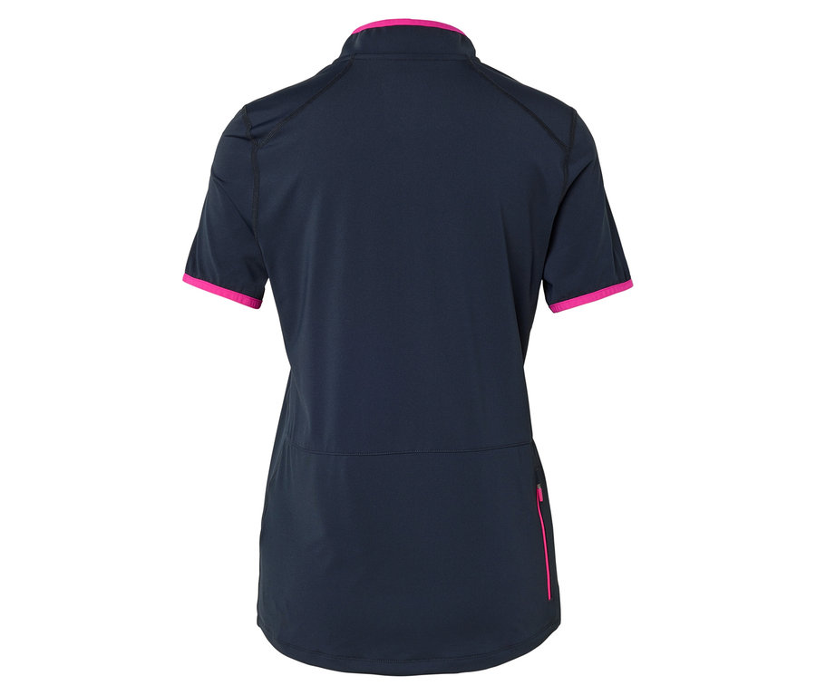 Vue arrière d'un t-shirt à manches courtes bleu marine avec des détails roses au niveau du col et des manches.