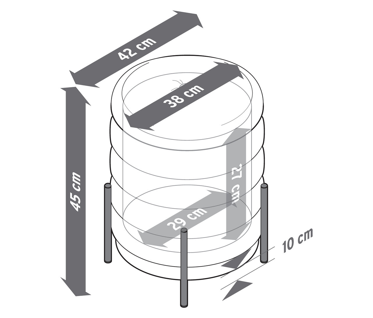 Image d'un tabouret avec espace de rangement mesurant 42 cm de large, 45 cm de haut et 38 cm de diamètre.