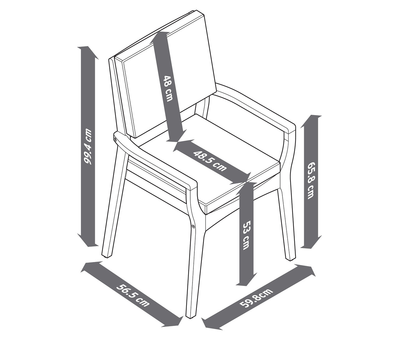 Image d'une chaise de jardin empilable en teck avec des mesures.
