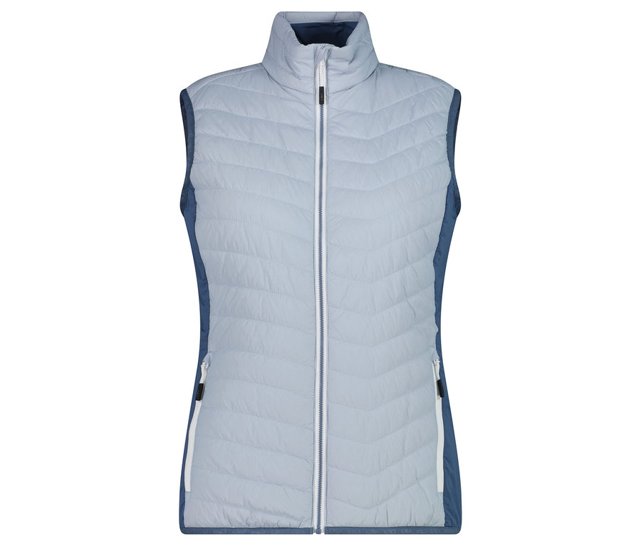 Un gilet matelassé bleu clair avec une fermeture éclair sur toute la longueur sur le devant.