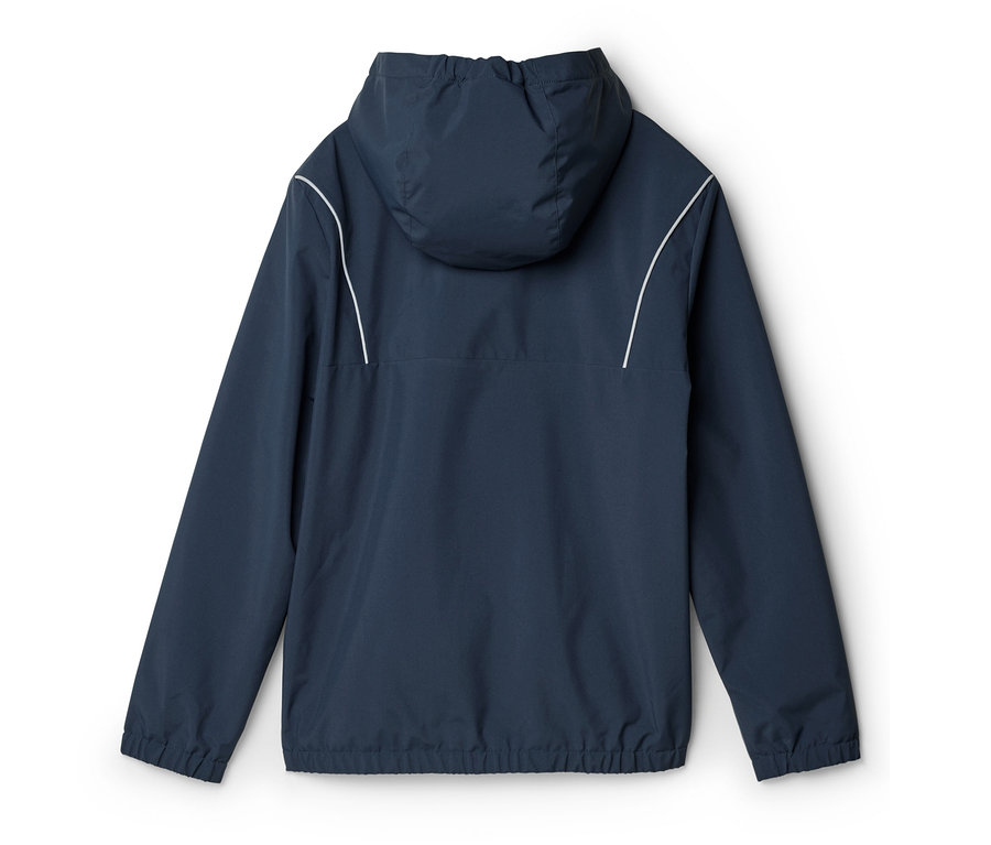 Vue arrière d'une veste bleu marine à capuche avec des rayures blanches sur les épaules.