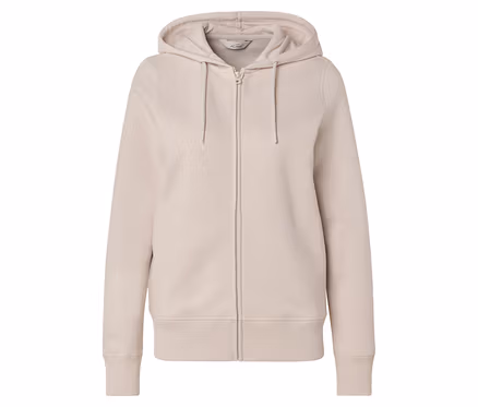 Sweat à capuche beige avec fermeture éclair et cordon de serrage à la capuche.