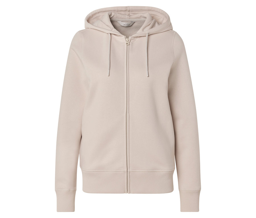 Sweat à capuche beige avec fermeture éclair et cordon de serrage à la capuche.