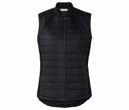 Veste sans manches noire matelassée avec fermeture éclair intégrale et col montant.