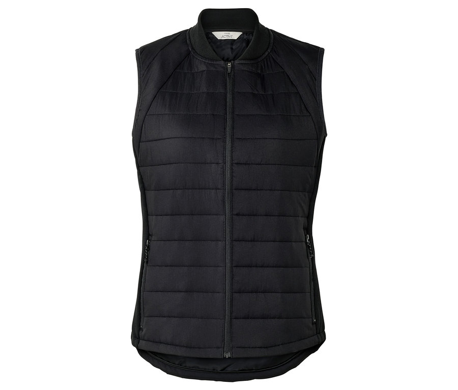 Veste sans manches noire matelassée avec fermeture éclair intégrale et col montant.