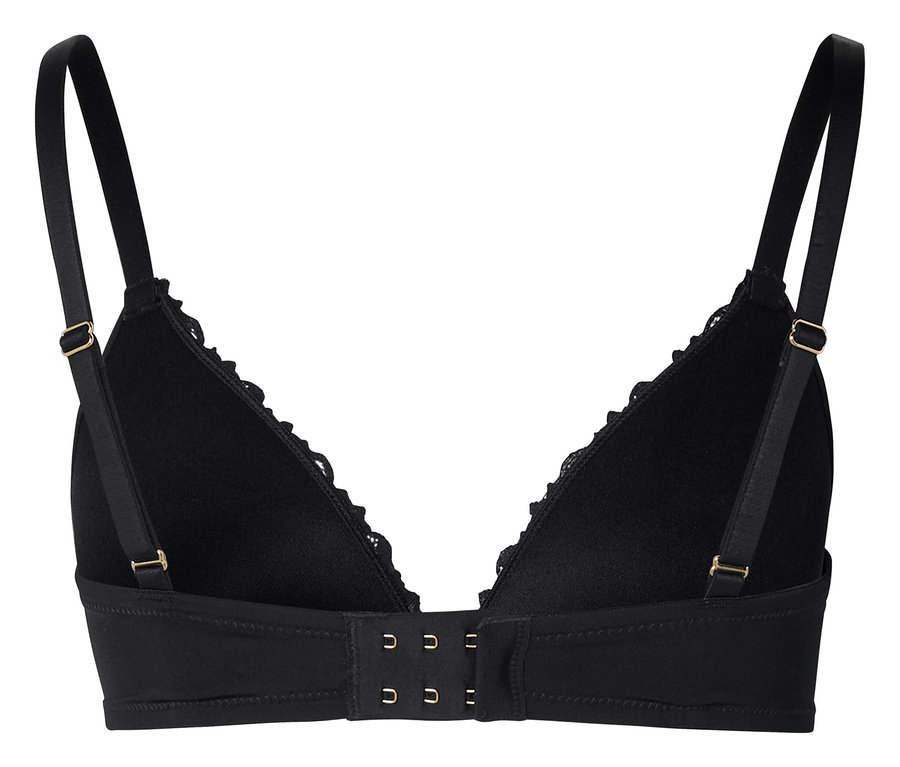 Vue arrière d'un soutien-gorge noir avec bretelles réglables et fermeture à agrafes.