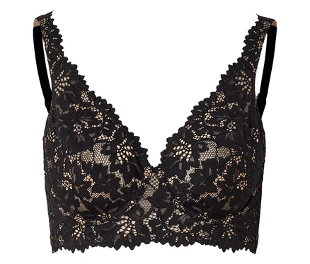 Soutien-gorge noir en dentelle avec décolleté en V et bretelles noires sur fond blanc.