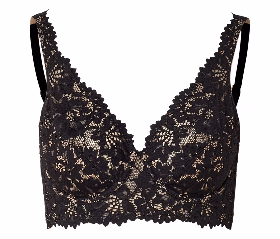 Soutien-gorge noir en dentelle avec décolleté en V et bretelles noires sur fond blanc.