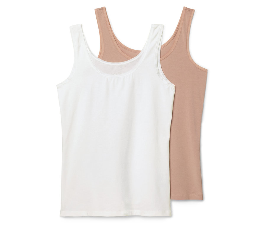 Deux débardeurs sont superposés, l'un est blanc et l'autre est marron clair.