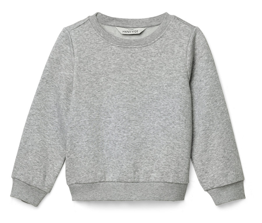 Un sweat-shirt gris est posé sur un fond blanc.