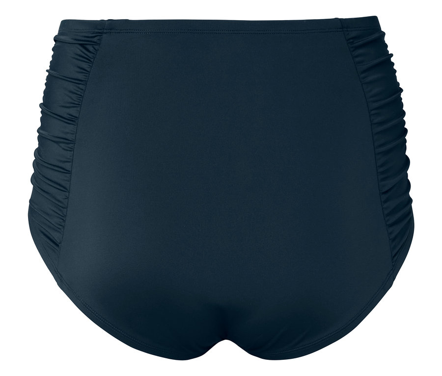 Culotte de bain bleu marine avec détails froncés sur les côtés, photographiée de dos.