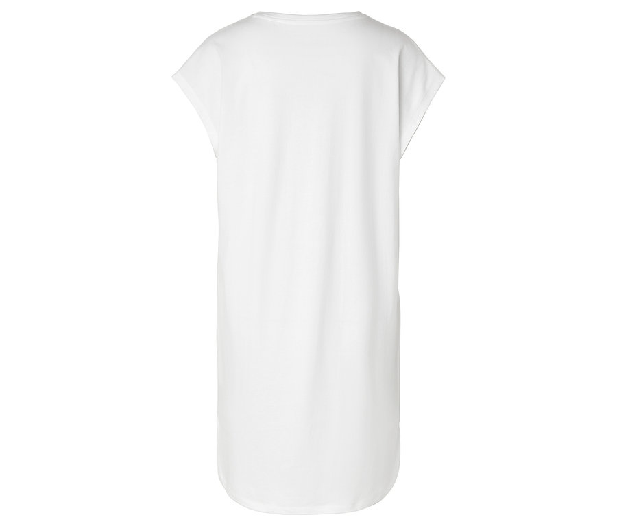 Robe t-shirt blanche longueur genou, photographiée de dos.