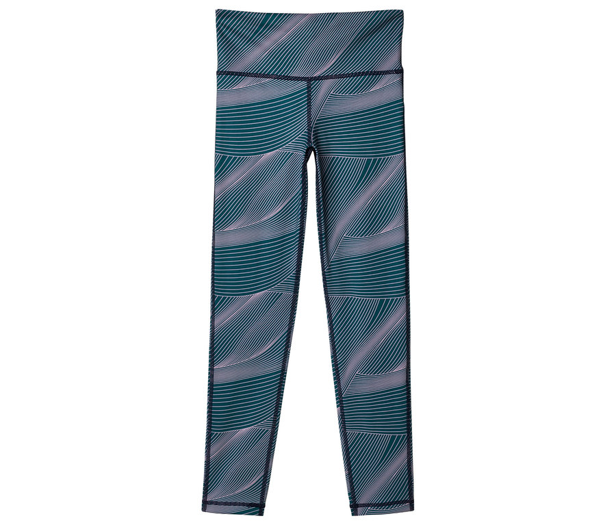 Leggings bleu-vert avec motif incurvé rose clair.