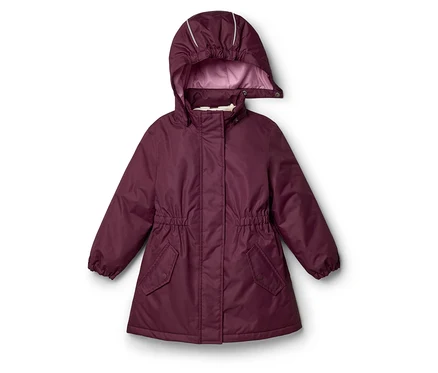 Veste enfant prune avec capuche, bandes réfléchissantes, taille froncée et deux poches à rabat.