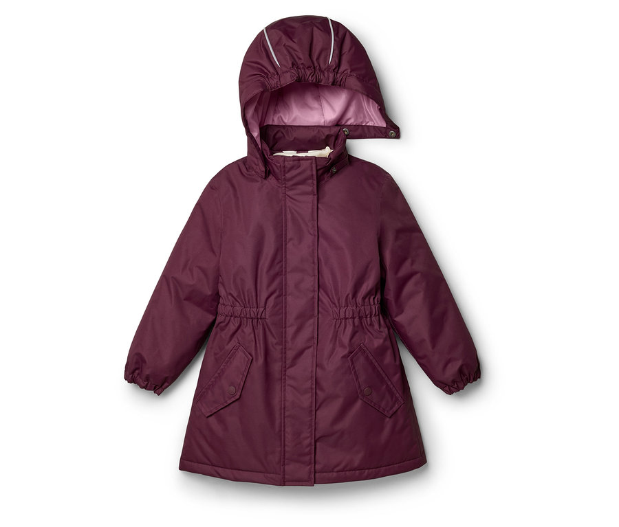 Veste enfant prune avec capuche, bandes réfléchissantes, taille froncée et deux poches à rabat.