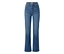 Un jean taille haute en denim bleu moyen, avec une jambe droite et un léger évasement à l'ourlet, doté de poches standard et de passants de ceinture.
