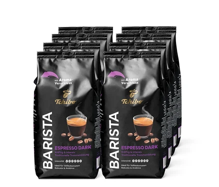 Huit paquets de BARISTA Expresso Dark en grains – 8x 1 kg empilés les uns derrière les autres.