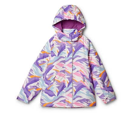 Veste à capuche avec un motif abstrait coloré en blanc, violet, bleu clair, rose et orange, dotée d'une capuche doublée de violet, d'une fermeture éclair dissimulée et de poches zippées.