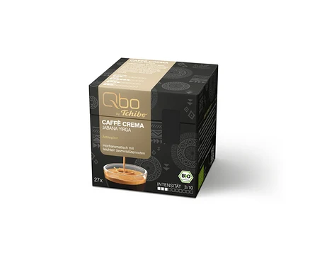 Boîte noire et beige de Qbo Caffè Jabana Yirga, 27 capsules, avec logo BIO, intensité 3/10 et image de café avec crème.