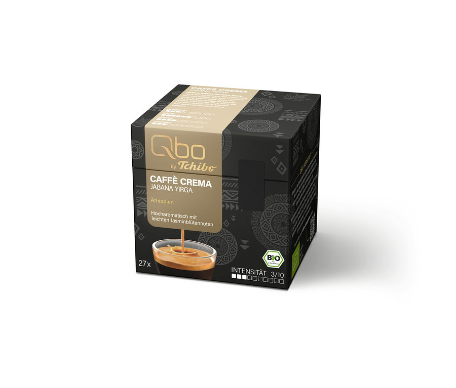 Boîte noire et beige de Qbo Caffè Jabana Yirga, 27 capsules, avec logo BIO, intensité 3/10 et image de café avec crème.