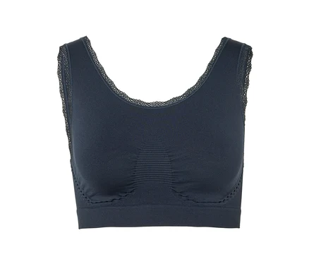 Soutien-gorge de sport bleu marine avec dentelle à l'encolure.