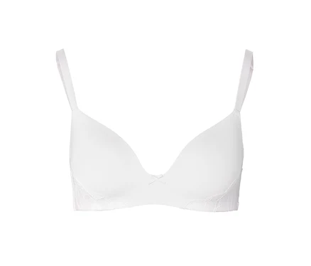 Soutien-gorge à coques souples blanc avec bretelles réglables, petit nœud et dentelle délicate sur les côtés.