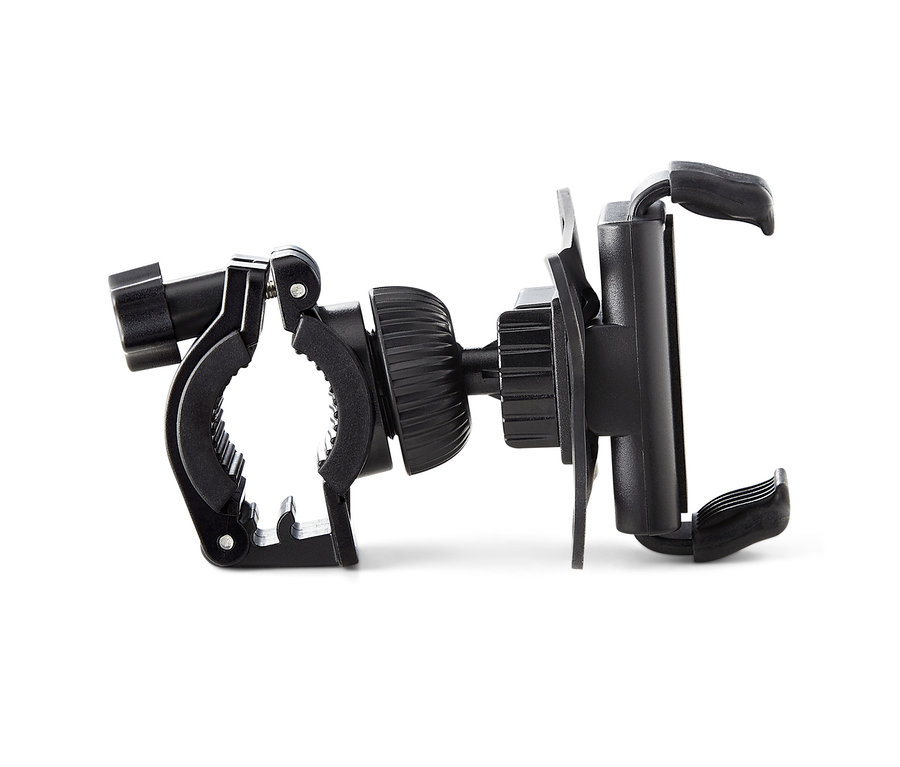 Support de smartphone noir pour vélo sur fond blanc.
