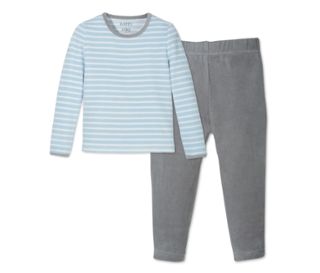 Haut bleu-blanc à rayures<br>Pantalon gris