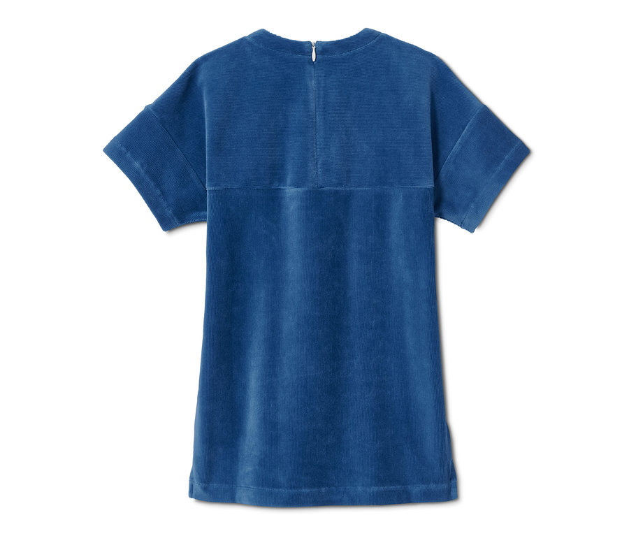 Robe stretch en velours côtelé bleue à manches courtes.