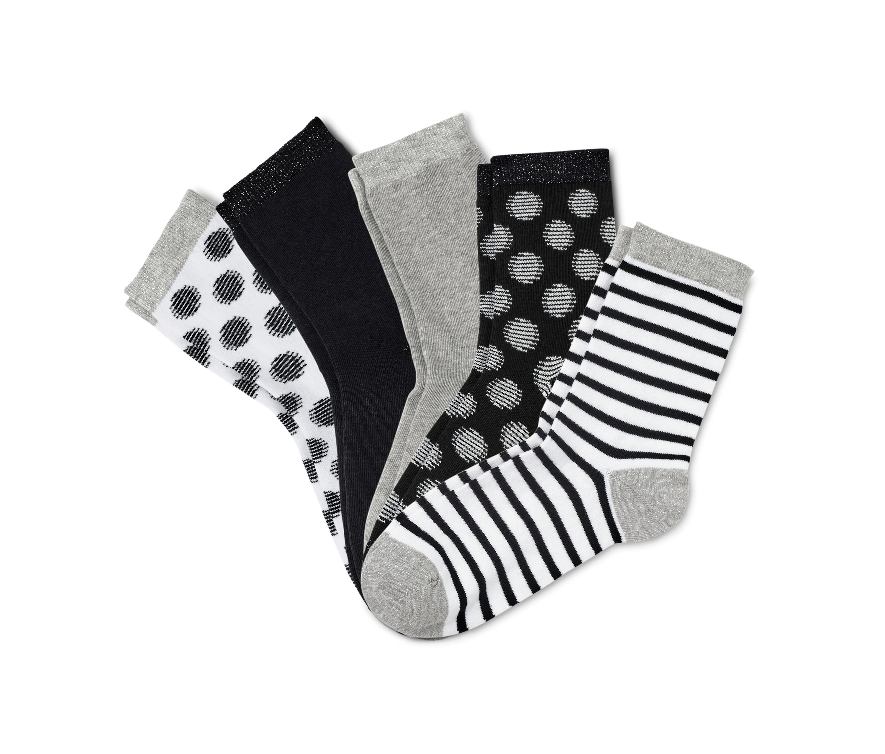 Cinq paires de chaussettes avec du fil scintillant en noir, blanc et gris.