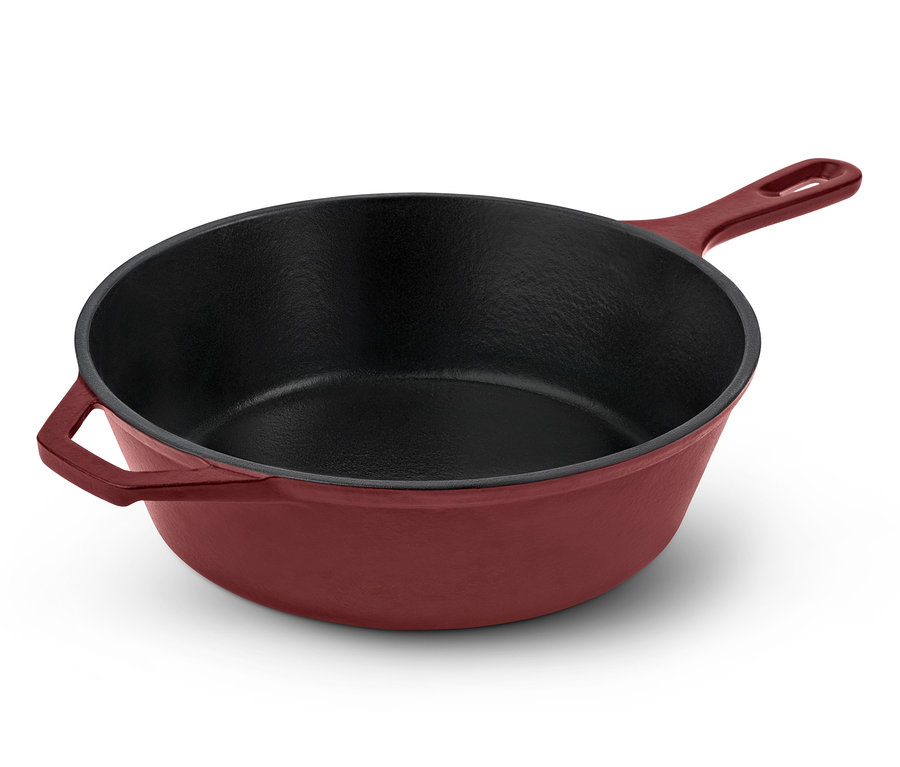 Une 2 en 1 : casserole et poêle en fonte de couleur bordeaux.