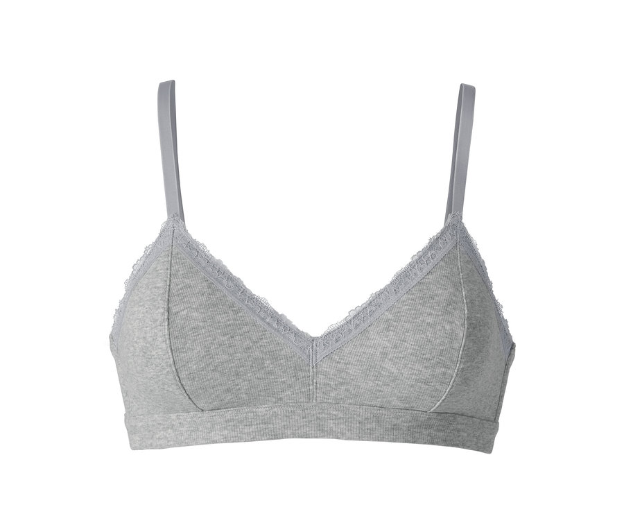 Soutien-gorge doux en matière côtelée grise avec bordure en dentelle.