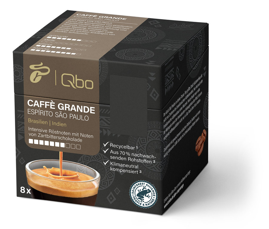 Un paquet de Qbo Caffè Grande ESPÍRITO SÃO PAULO avec huit capsules.