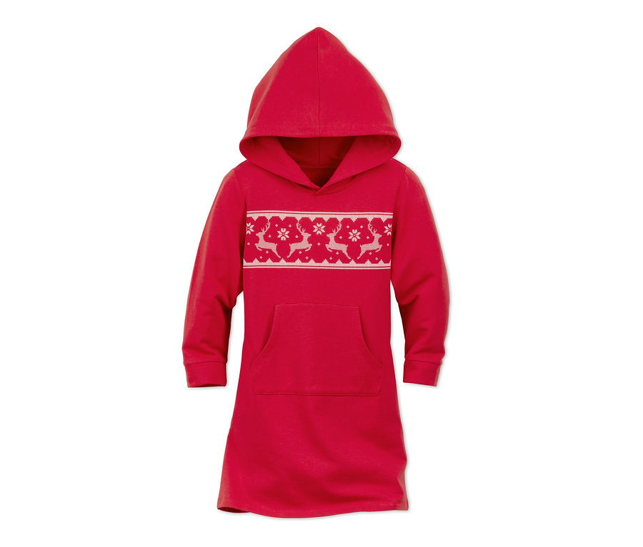 Robe d’intérieur rouge à capuche avec motif blanc de rennes et de flocons de neige.