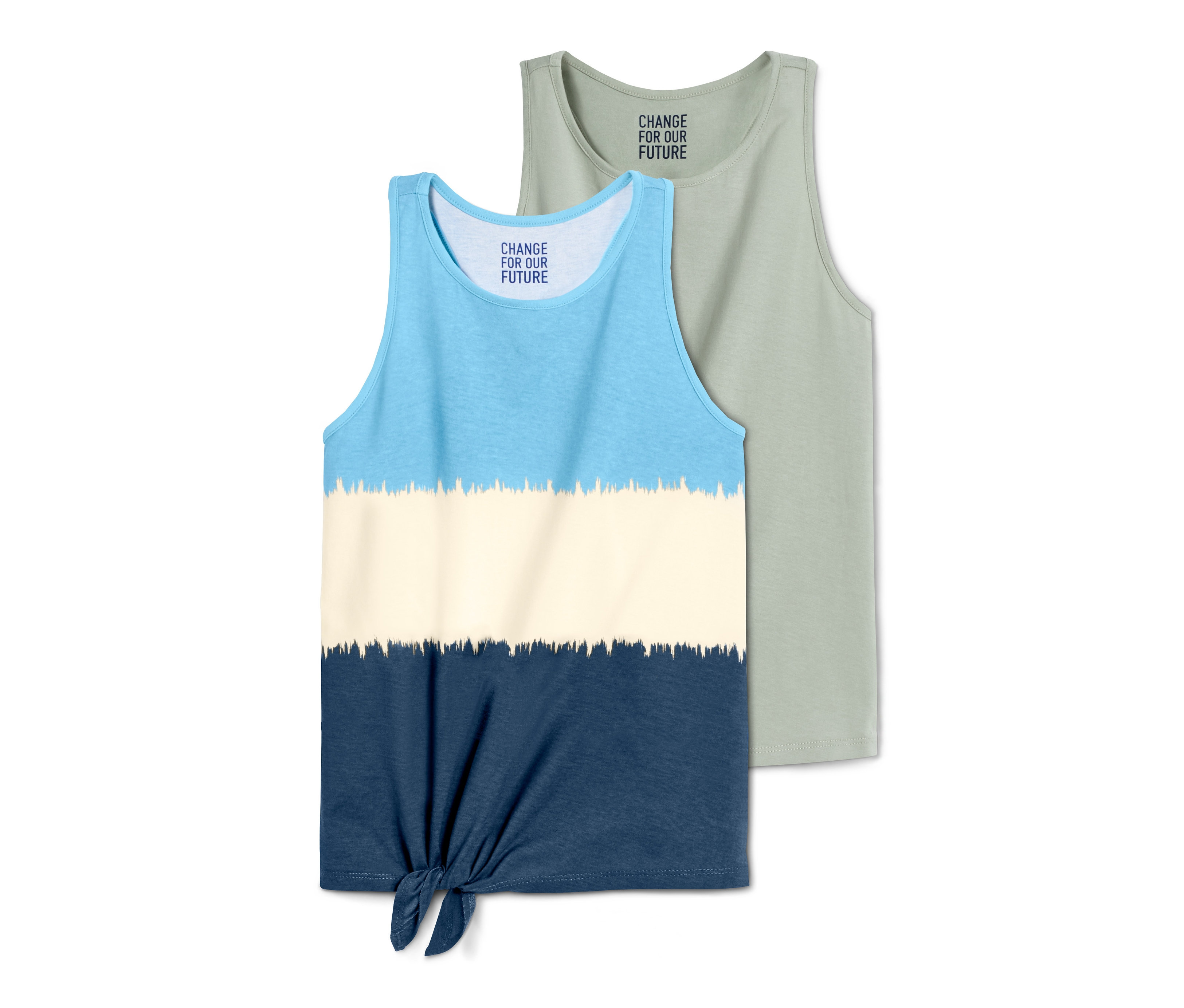 Deux débardeurs : un bleu-blanc-bleu noué et un vert.