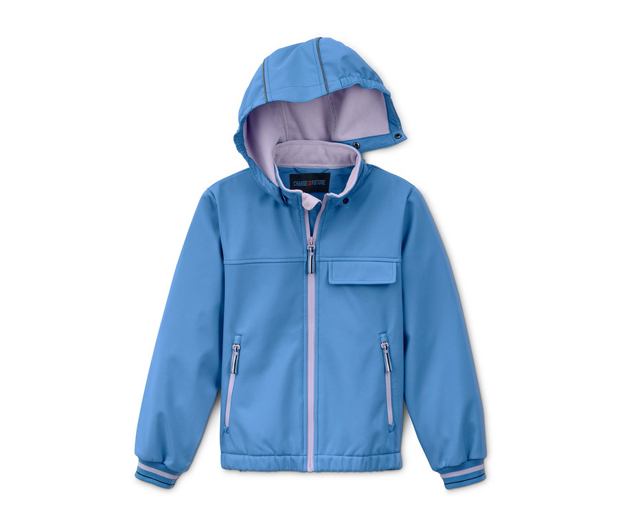 Veste softshell bleue avec des matériaux recyclés et capuche.