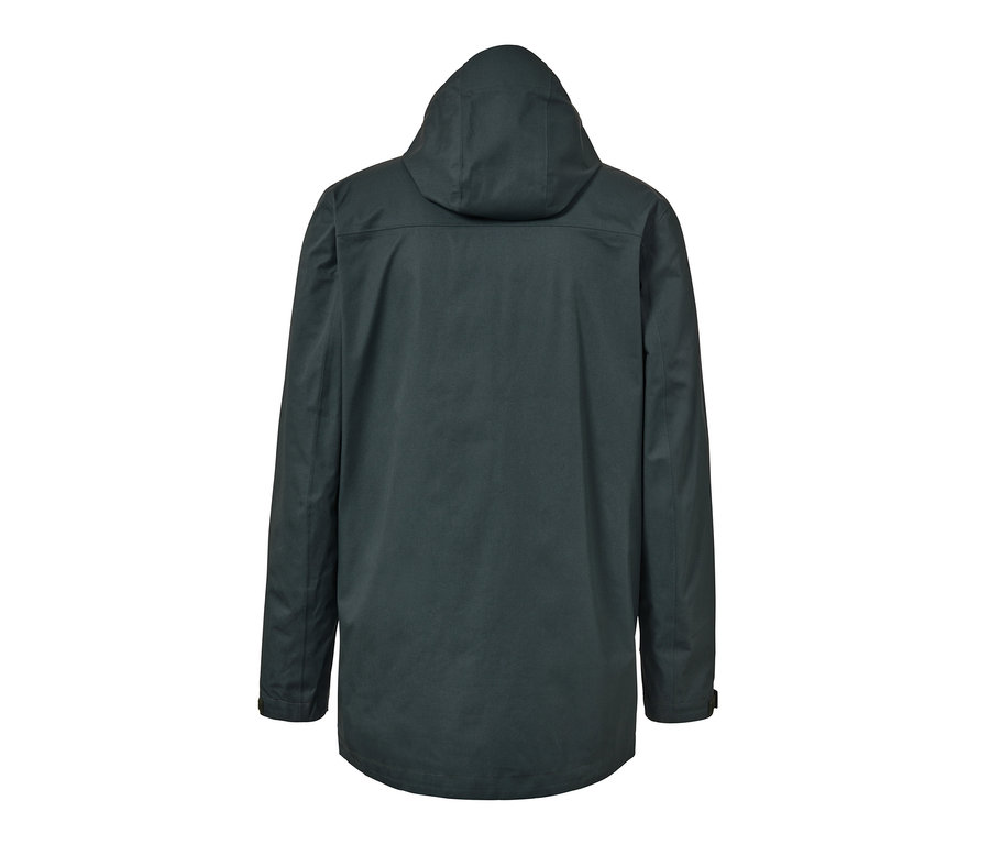 Vue arrière d'une veste d'extérieur vert foncé avec capuche.