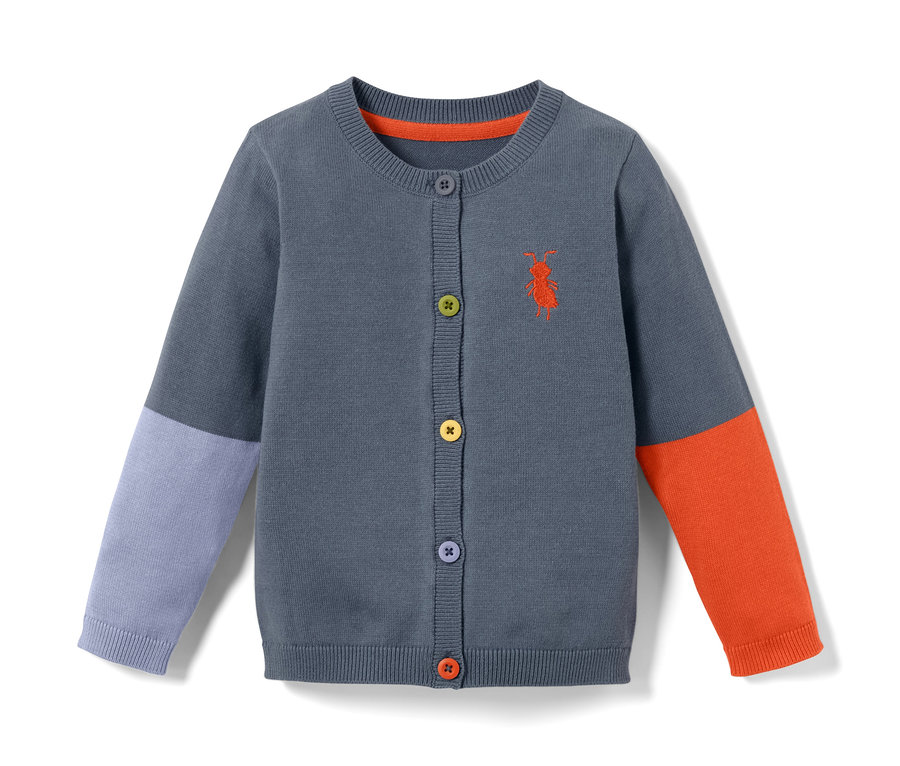 Veste en tricot pour tout-petits, motif colorblock avec des boutons multicolores et une broderie orange représentant une fourmi.