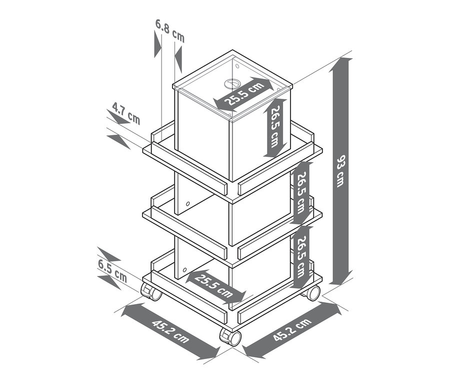 Schéma d'une petite tour avec espace de rangement et dimensions.