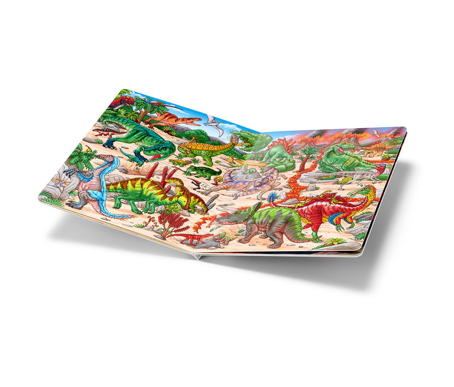 Un livre ouvert intitulé « Dinosaurier Wimmelbuch » montre des illustrations de divers dinosaures dans un paysage.