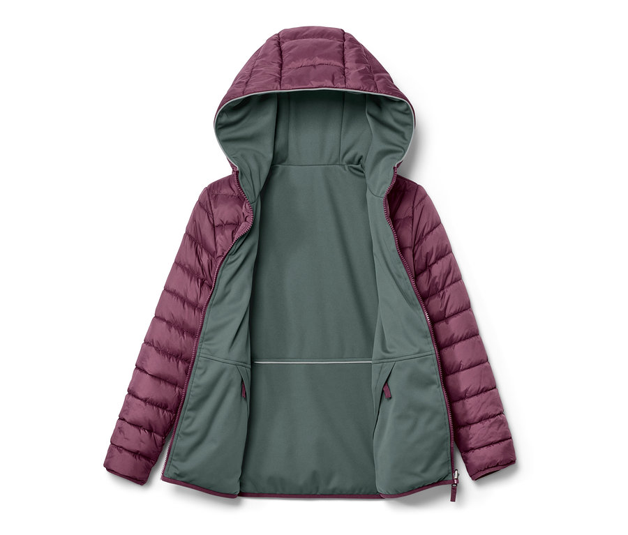 Veste matelassée et softshell 2 en 1 ouverte pour enfant violette avec capuche et intérieur gris.