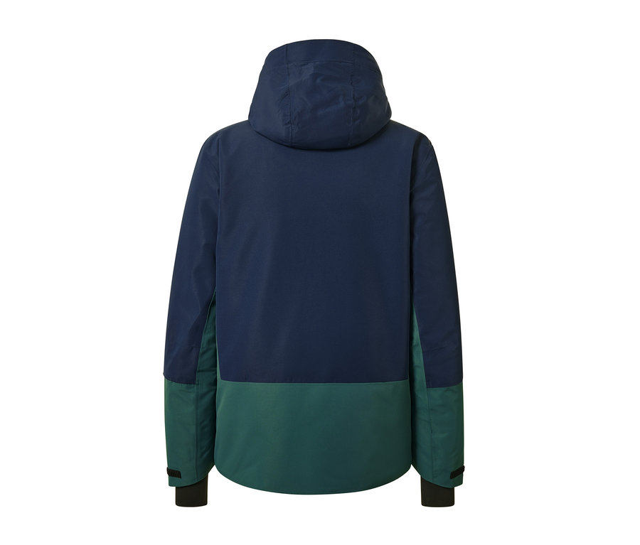 Gros plan sur l'arrière d'une veste de ski bleu et verte.