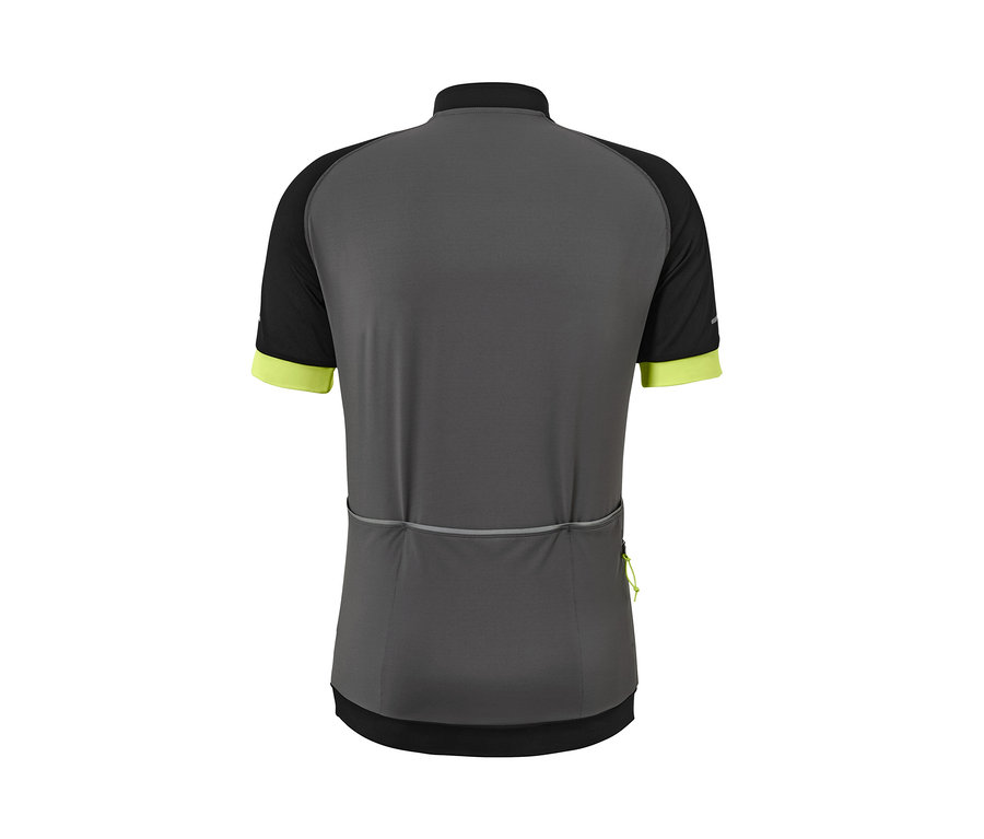 Vue détaillée de l'arrière d'un maillot de cyclisme gris, noir et jaune néon.