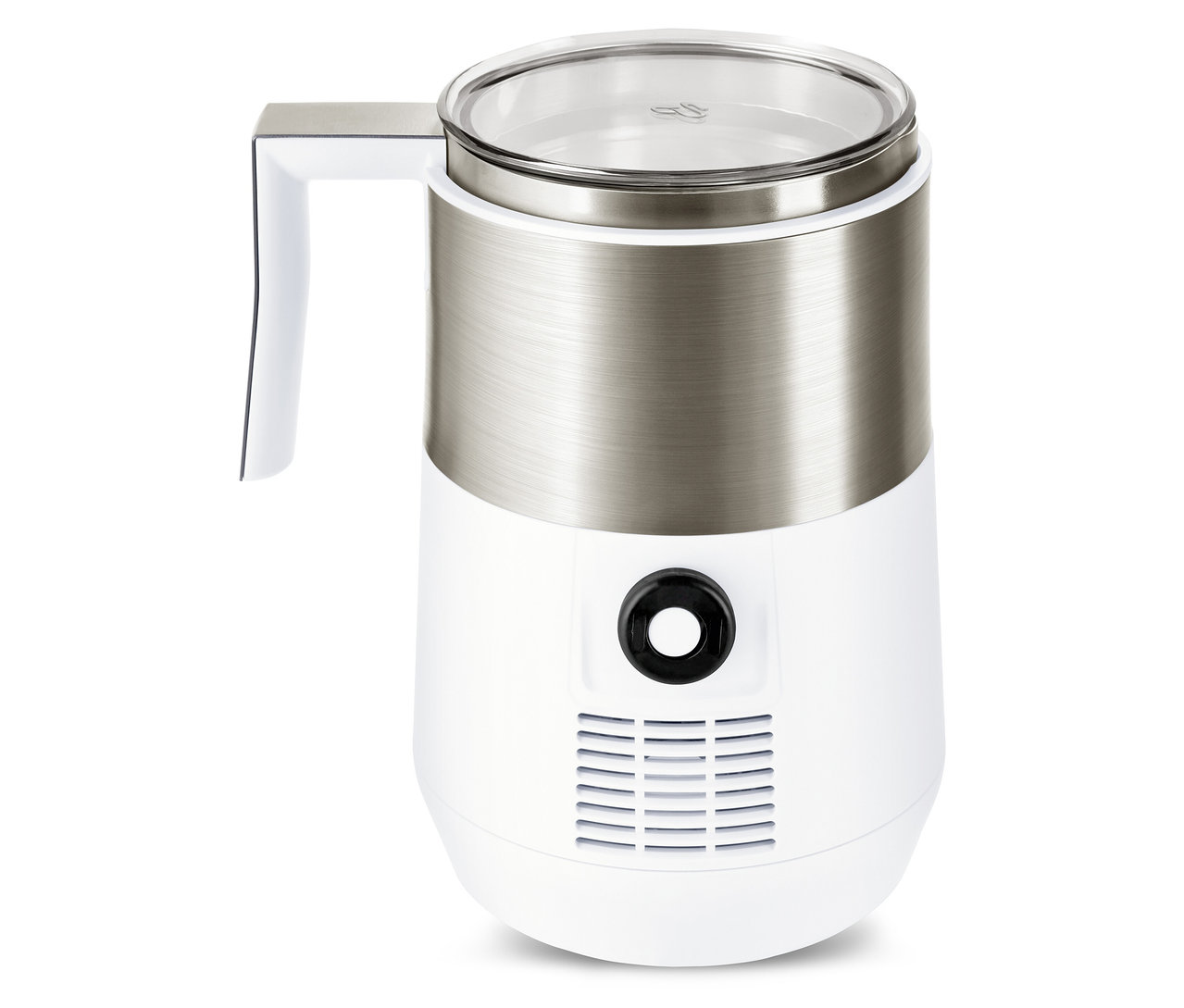 Gros plan d'un mousseur à lait à induction blanc crème.