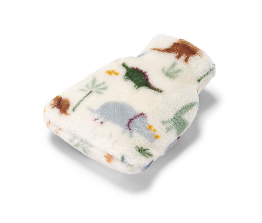 Une mini-bouillotte avec un motif de dinosaures sur un fond blanc.