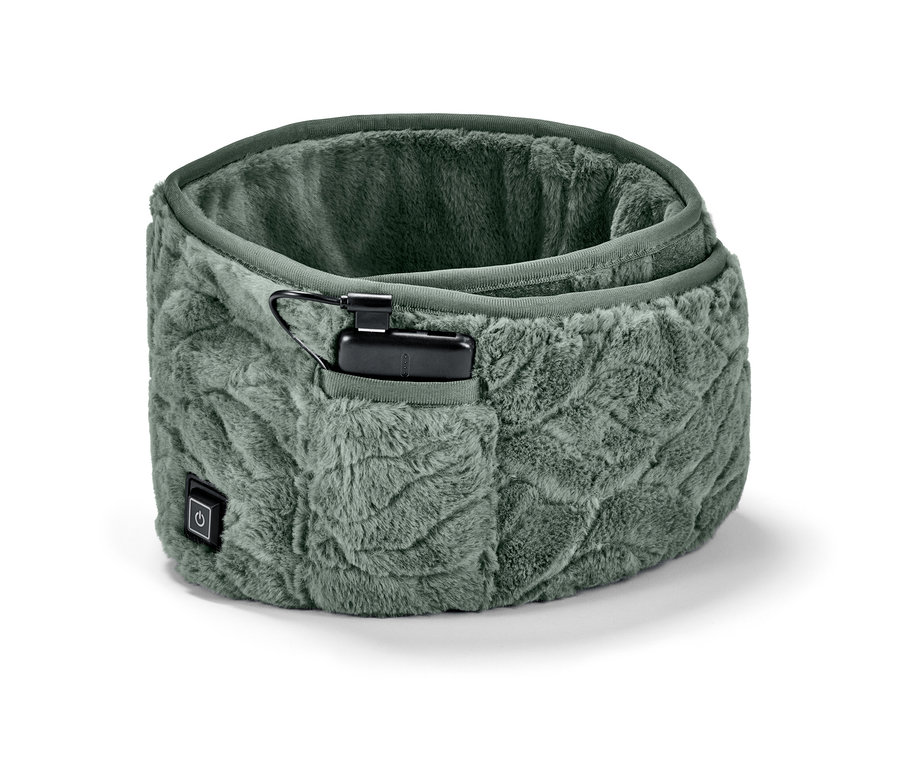 La ceinture chauffante à batterie en gris-vert a un motif tressé.