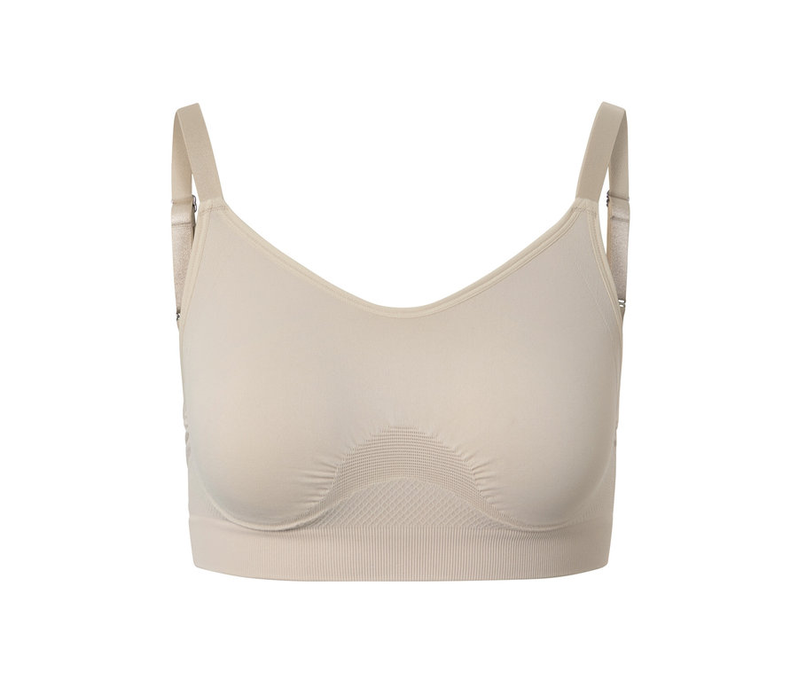 Gros plan d'un soutien-gorge de sport seamless beige d'un ensemble de 2.