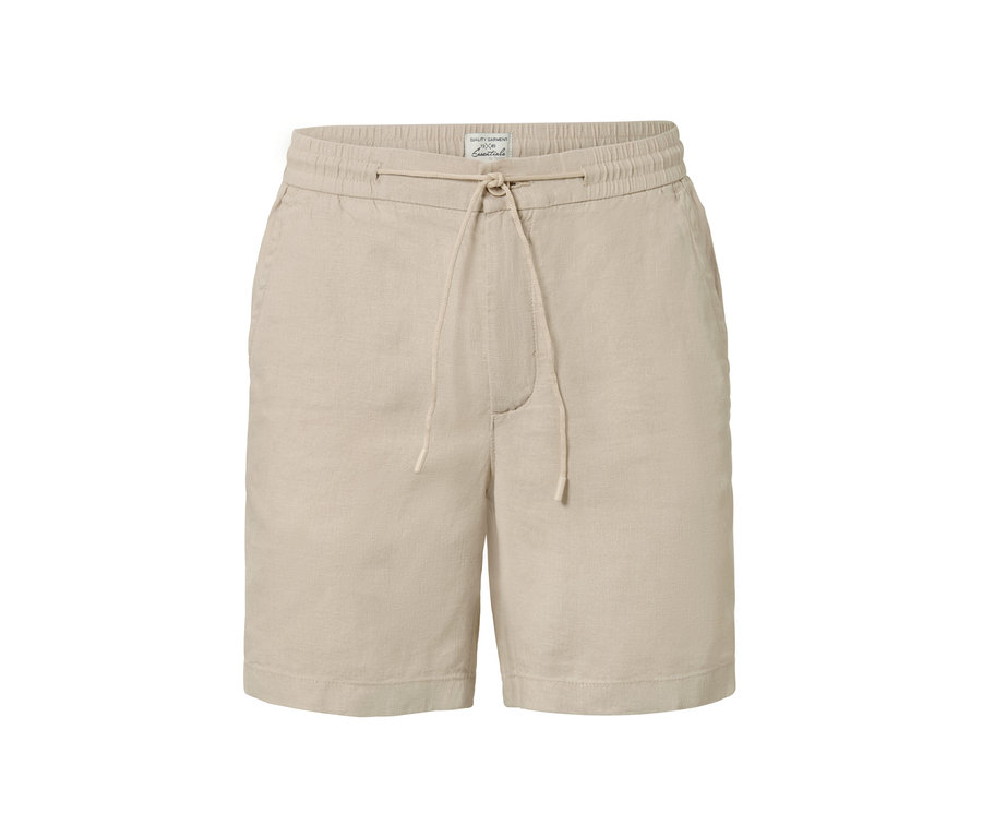 Short beige en lin avec cordon de serrage à la taille.