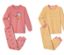 Deux pyjamas pour tout-petit : un couleur saumon avec un imprimé d"oiseau, un rayé jaune et blanc.