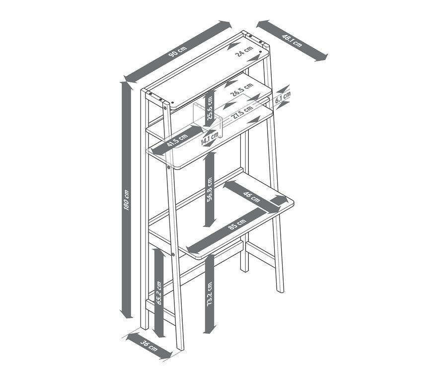 Schéma d'une étagère avec secrétaire et ses dimensions.
